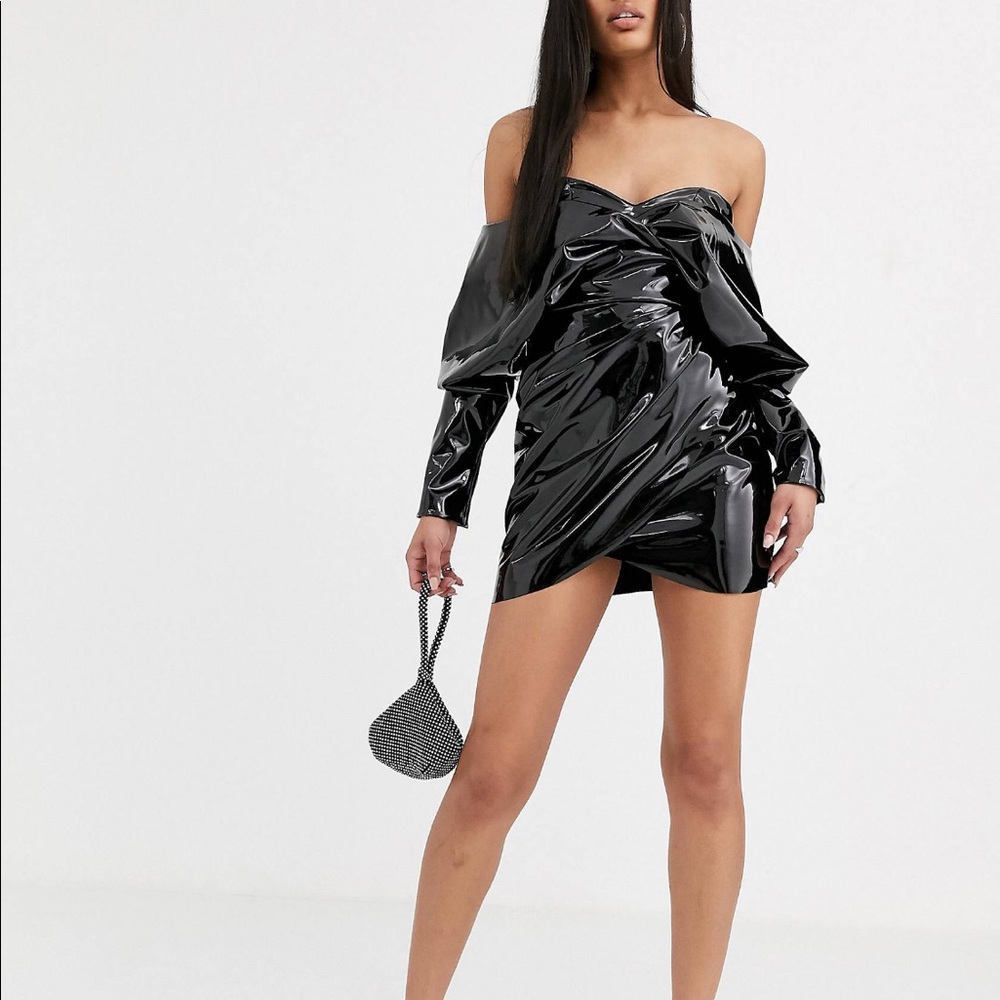 Vinyl Wrap Mini Dress Off The Shoulder Long Sleeve US4 - Picture 4 of 8